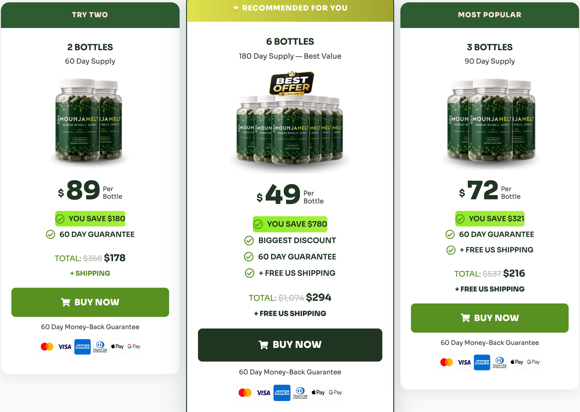 MounjaMelt pricing — 2, 6 and 3 bottle packages